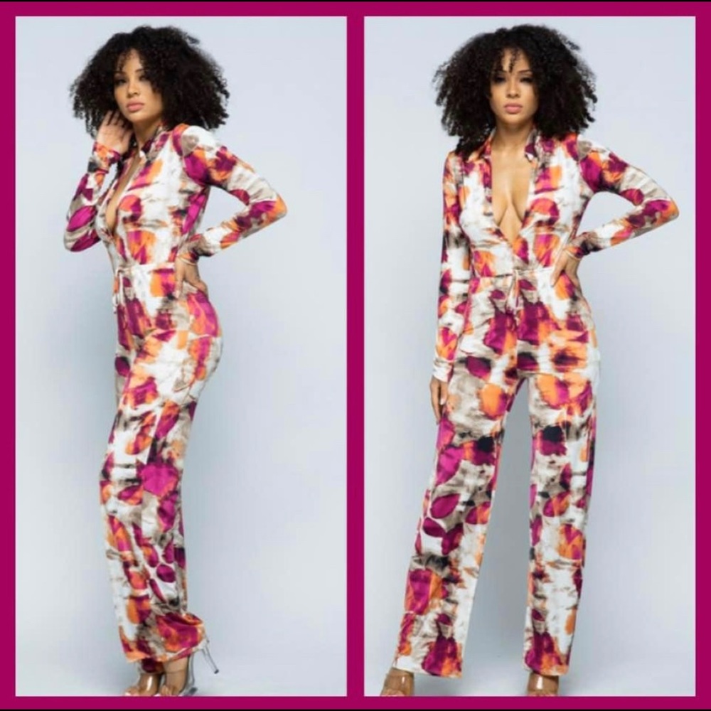 Fuchsia  Deep V Neck Jumpsuit